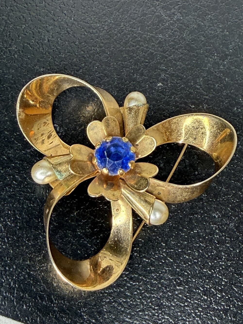 Vintage Gold Large Ribbon Bow Pearls Flower Blue Rhinestone Brooch Pin